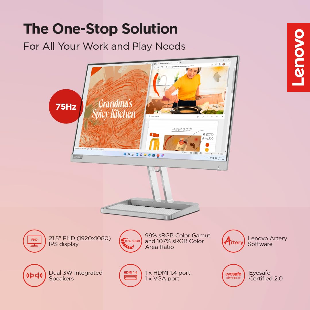 Lenovo L22i-40, 22 inch (54.6cm), IPS, FHD, 75Hz, Grey, 4ms, AMD